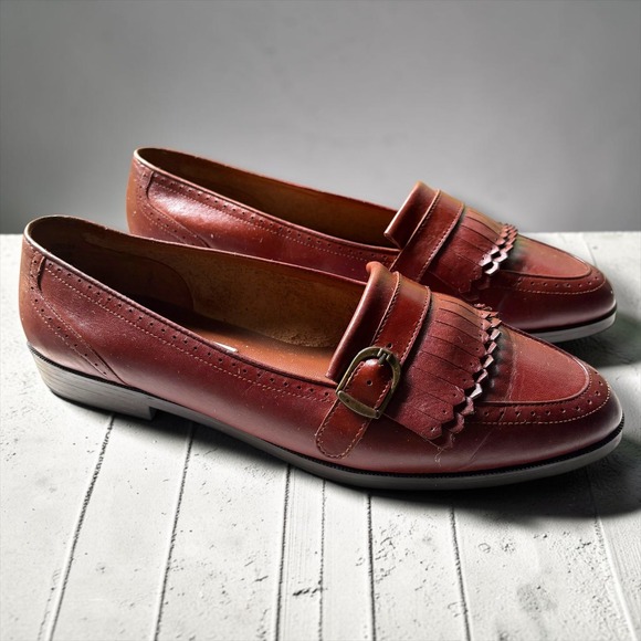 Carriage Court Shoes - Carriage Court Womens Cognac Brown Leather Kiltie Loafers Brogue Buckle Shoes